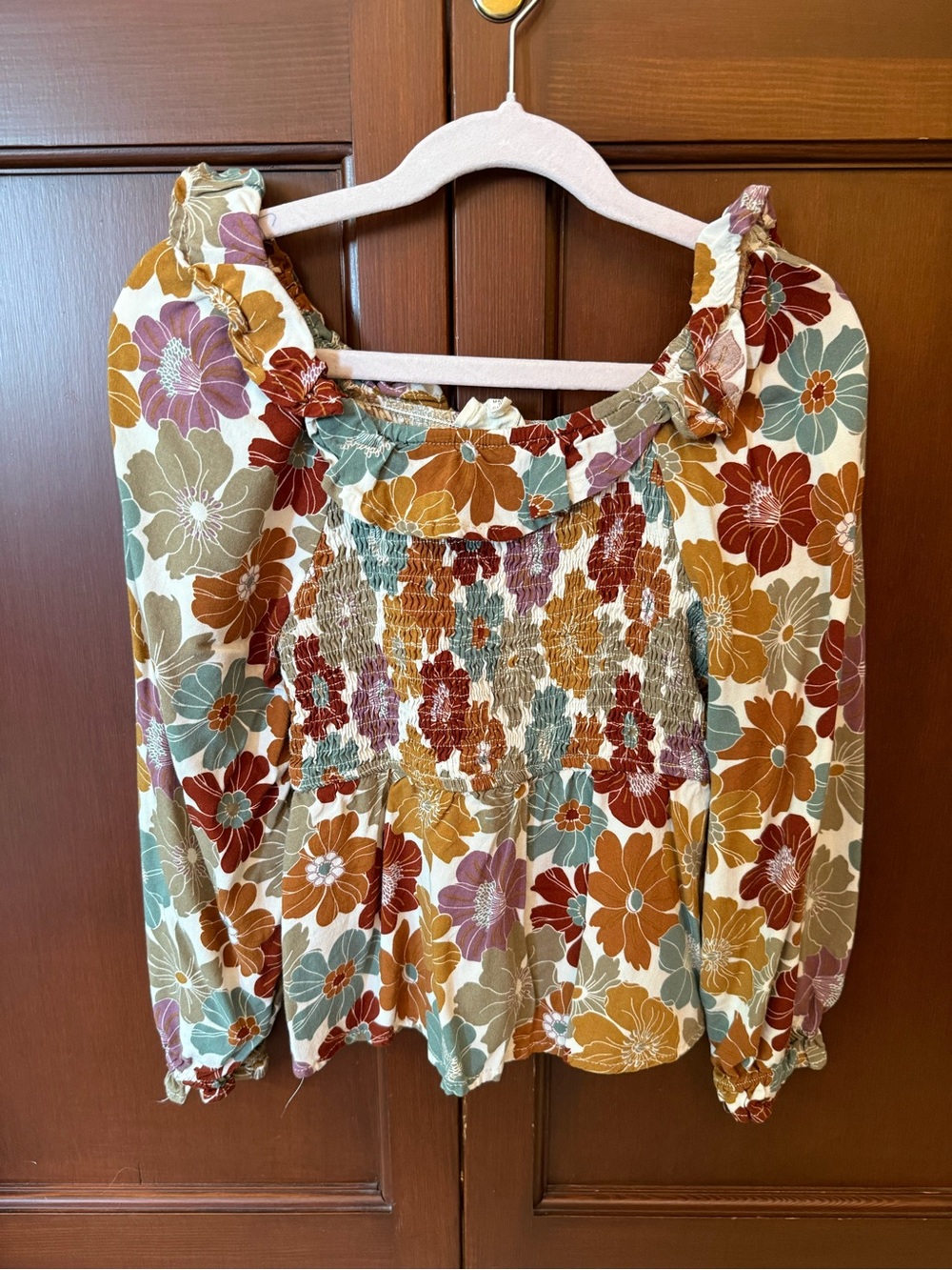 Hayden Girls Floral Smocked Peasant Top in Rust, Mustard & Teal